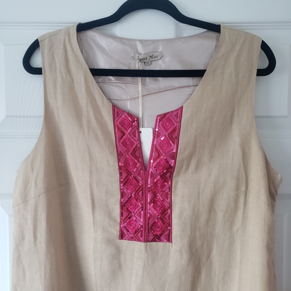 Sweet Miss XL Tan Linen Cotton Dress Pink Sequin Sleeveless Midi Dress Shift #3 - Picture 3 of 10